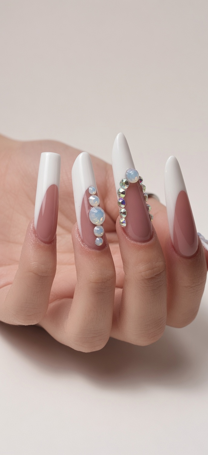 White french tips with opal and crystal accents on rose nude nails