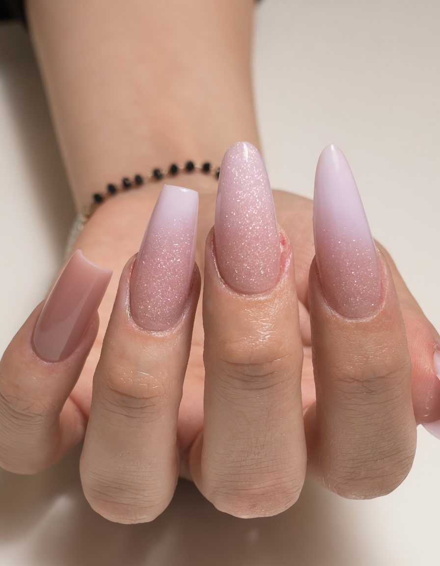 Pink glitter ombré coffin and almond nails